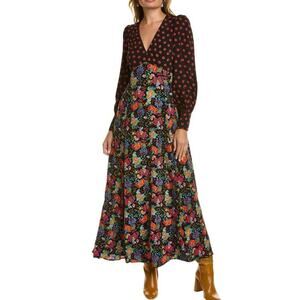 BODEN Blouson Sleeve Floral Maxi Dress V Neck  Size 2P Black Red